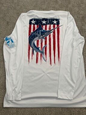 White Long Sleeve Fishing Shirt with Patriotic Marlin Graphic, NWT L